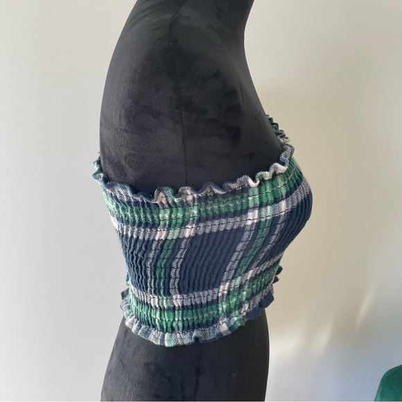 LF Furst of a Kind Blue Green Plaid Smocked Ruffle Trim Tube Top EUC One Size - Picture 4 of 6